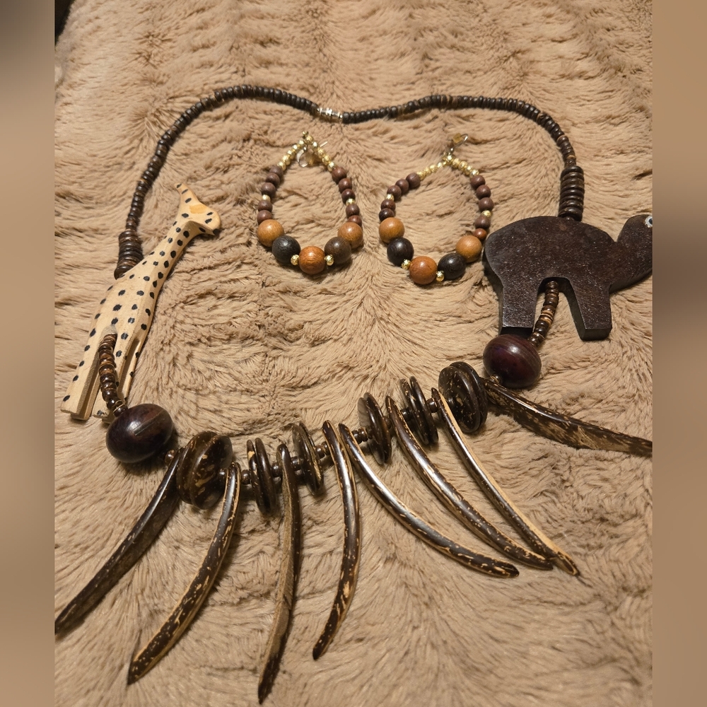 Handcrafted Animal-Themed Wooden Necklace and Earring Set